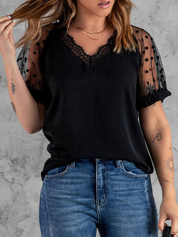 V-Neck Lace Mesh Short Sleeve T-Shirt