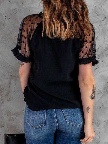 V-Neck Lace Mesh Short Sleeve T-Shirt