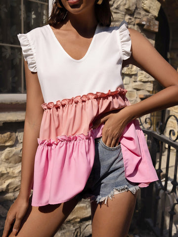 V-Neck Contrast Ruffle Sleeveless Casual Tank Tops