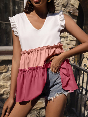 V-Neck Contrast Ruffle Sleeveless Casual Tank Tops