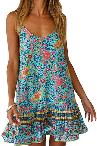 Womens Boho Floral Printed Dress Summer Sleeveless Adjustable Strap Beach Mini Dress with Pockets