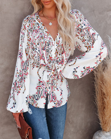 Wrapped Blossoms Button Down Tie Blouse