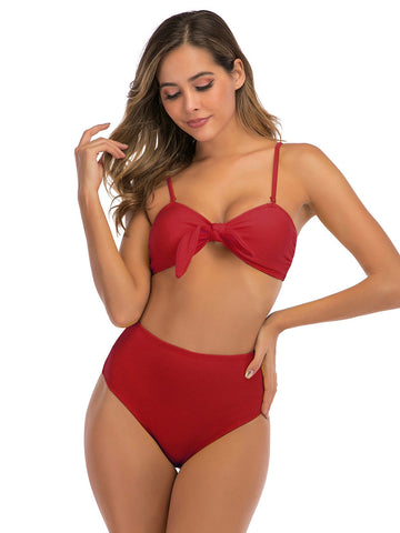 Solid Color Strap Bow Swimsuit