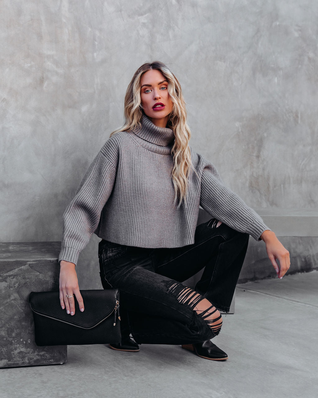 Ysabella Crop Turtleneck Knit Sweater - Pewter