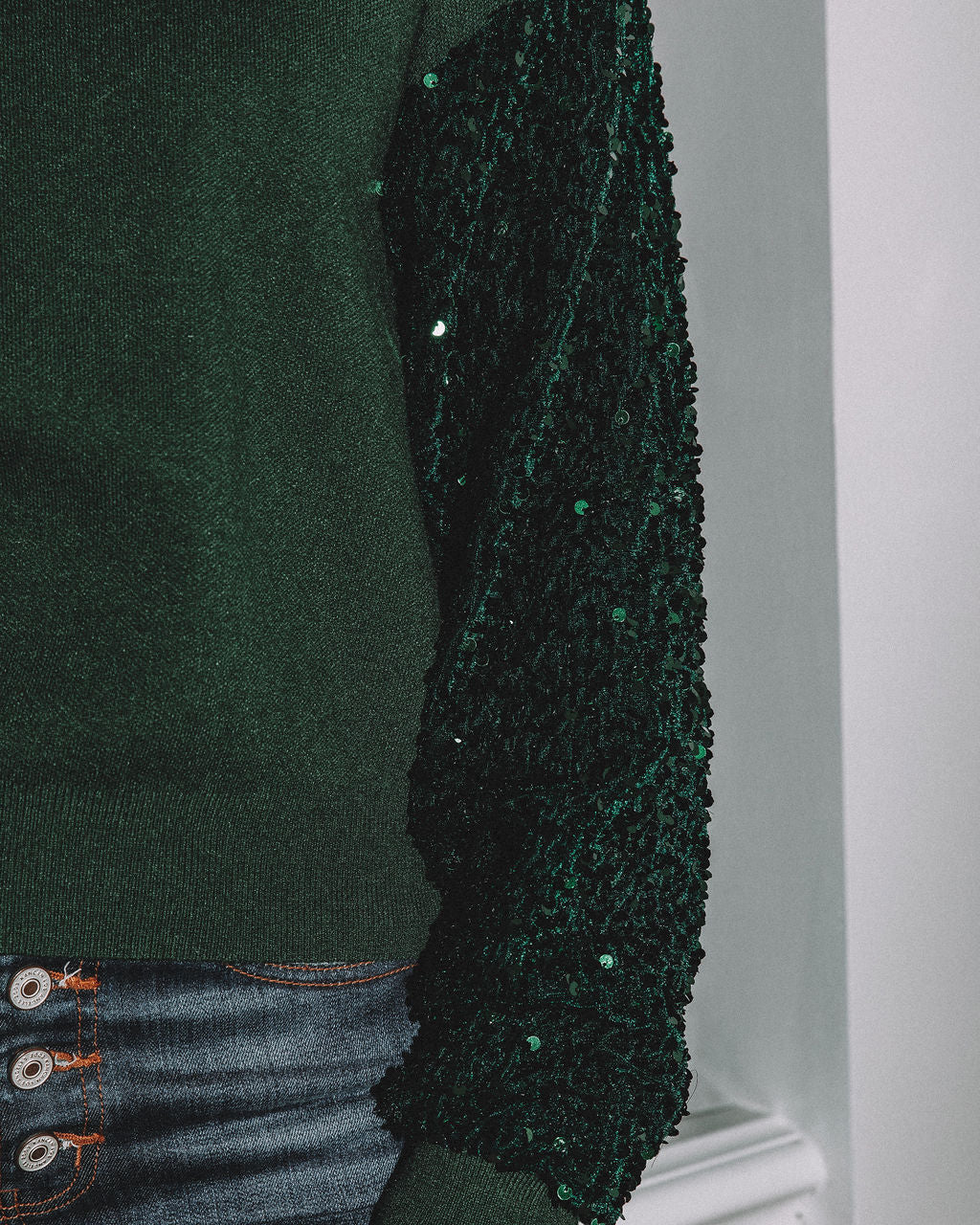 Yumi Contrast Sequin Knit Sweater - Emerald