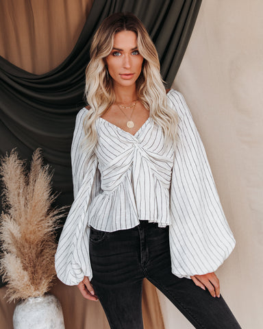 Zeke Linen Striped Balloon Sleeve Twist Top